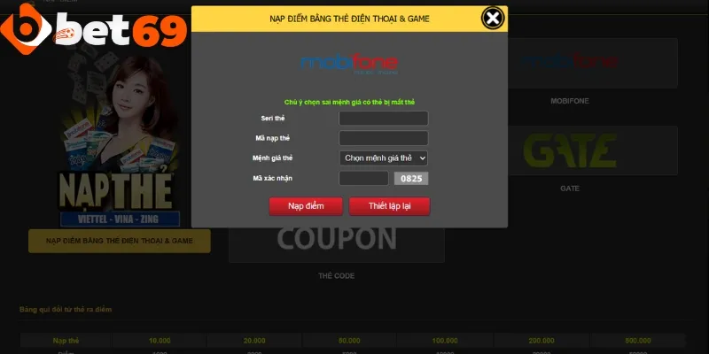 Người chơi thực hiện nạp tiền Bet69 qua nạp thẻ cào